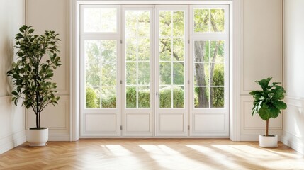 Fototapeta premium This room showcases a modern minimalist design with light gray walls and a wooden floor, featuring panoramic windows that invite abundant natural light