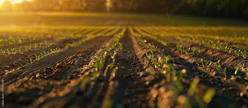 Poster a section of a farmer s field featuring green sprouts and vehicle tracks illuminated by the soft lig