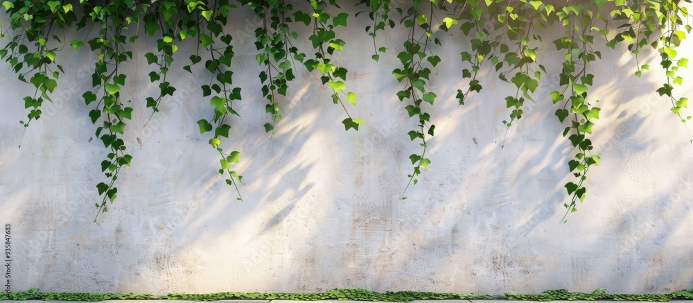 Poster the green ivy against a white wall forms a lovely backdrop. copy space image. place for adding text 
