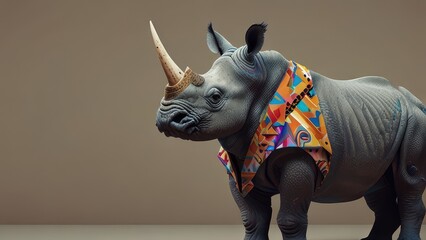 Cool looking rhino wearing funky fashion dress - jacket, tie, glasses. Wide banner with space for text at side. Stylish animal posing as supermodel. Generative AI