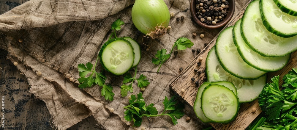 Poster freshly sliced cucumber on a cutting board black pepper a halved onion and parsley on a sackcloth ba