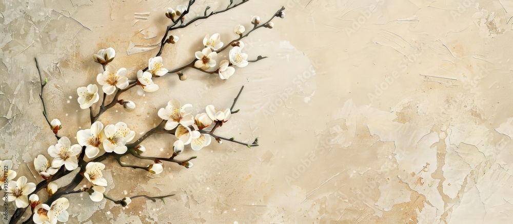 Poster textured vintage paper background featuring almond blossoms. copy space image. place for adding text
