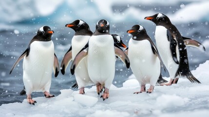 Obraz premium Penguins waddle on ice and swim gracefully, surviving in harsh Antarctic conditions.