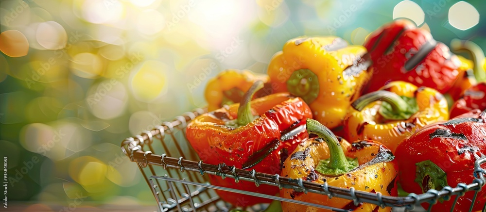 Sticker Grilled red and yellow bell peppers in a barbecue grill basket set against a vibrant food background. Copy space image. Place for adding text and design