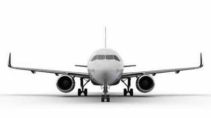 A modern jet aircraft with lowered landing gear, sleek metal body, two engines and cockpit windows dominates the simple white background.
