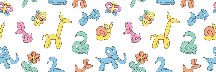 Seamless pattern of colorful balloons. Colorful drawing of inflatable toys made of twisted balloons. Design element for packaging, greeting card, invitation card, print, flyer, banner. Vector. 