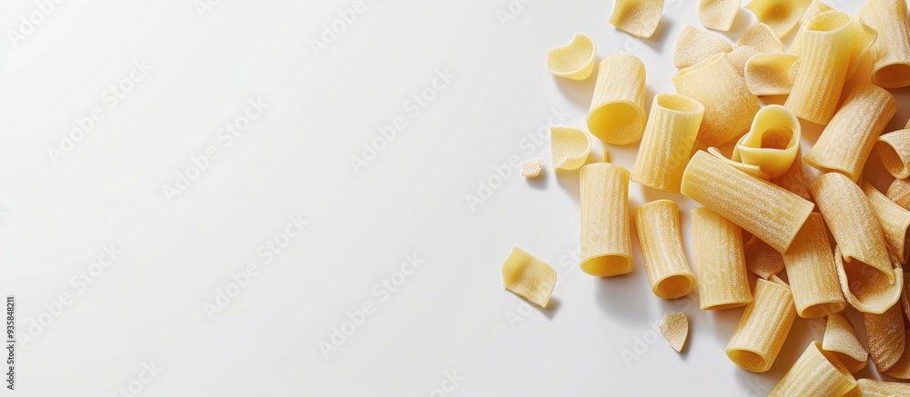 Poster pasta paccheri on a white backdrop focused selectively. copy space image. place for adding text and 