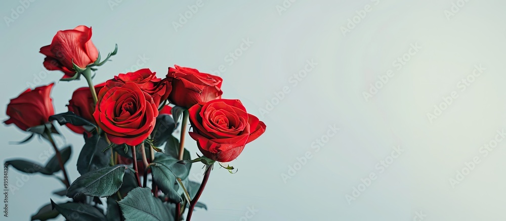 Poster close up of a festive bouquet of red roses against a light background seen from the side. copy space