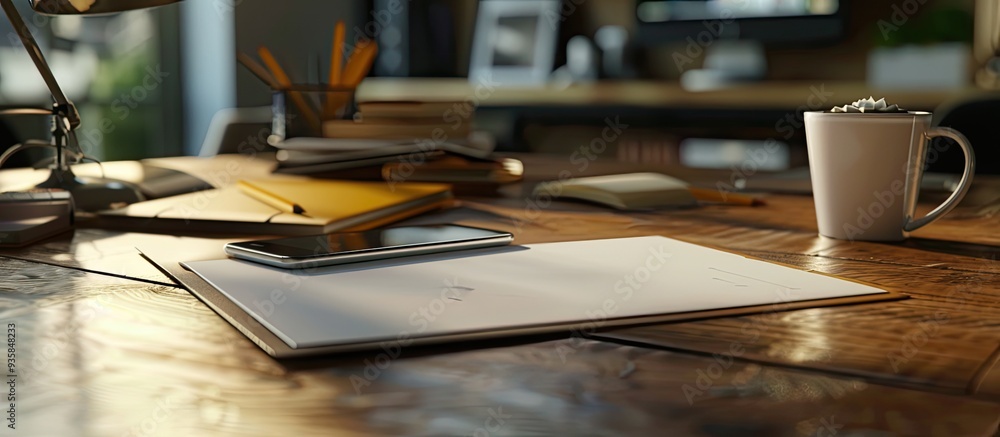 Poster business desk featuring a smartphone paper coffee cup and pencil on a wooden table with overhead lig