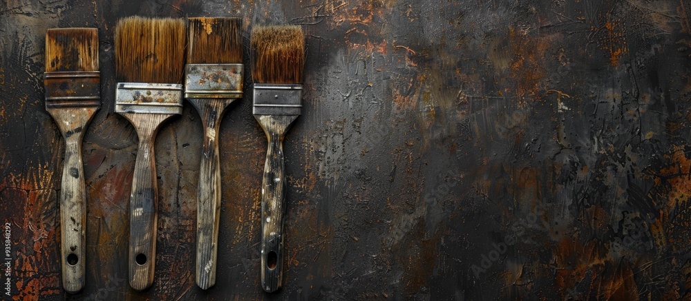 Poster worn out paint brushes. copy space image. place for adding text and design