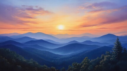 Obraz premium Smoky mountain sunset with generative ai
