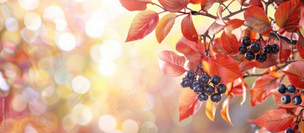 Poster red autumn leaves and ripe black berries on chokeberry branches set against a blurred natural backgr