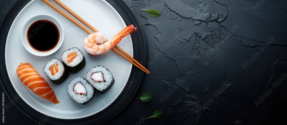Poster top view of a plate featuring shrimp rolls chopsticks and soy sauce. copy space image. place for add