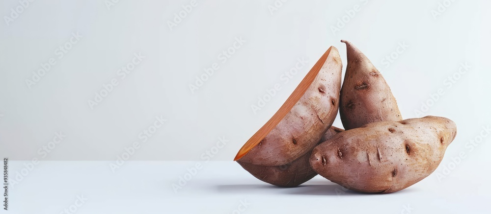 Poster sweet potato against a white background. copy space image. place for adding text and design
