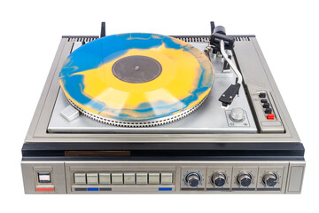 Fototapeta premium Vintage turntable record player with blue and orange vinyl isolated on white background.