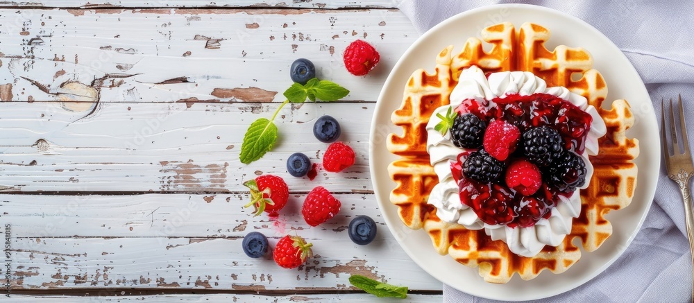 Poster traditional belgian waffles topped with berries sour cream and jam on a white wooden table top view 