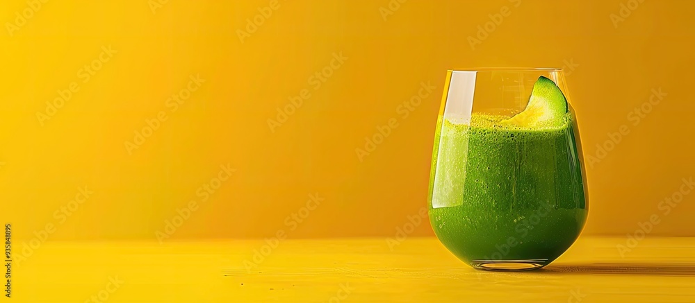 Poster Freshly blended green smoothie in a glass against a yellow background Template for a detox recipe with copyspace Vegetarian healthy cuisine