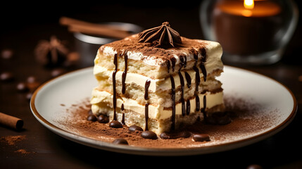 A close-up of a decadent tiramisu,