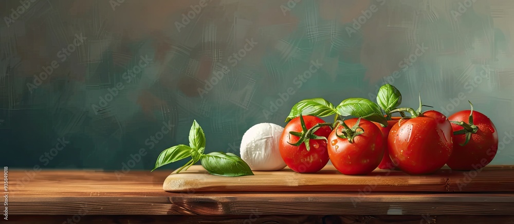 Aufkleber a collection of items for caprese salad tomatoes basil and mozzarella arranged on a wooden board. co