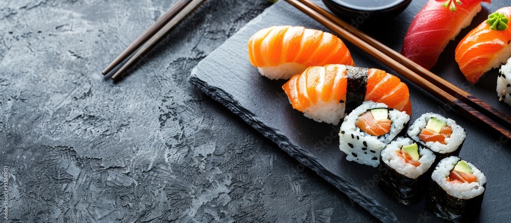 Poster a closely cropped image of japanese sushi with chopsticks and soy sauce arranged on a gray slate pla
