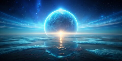 Abstract render of a glowing orb above a blue horizon in space