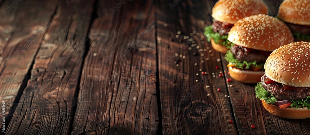 Poster freshly grilled burgers placed on a wooden table. copy space image. place for adding text and design