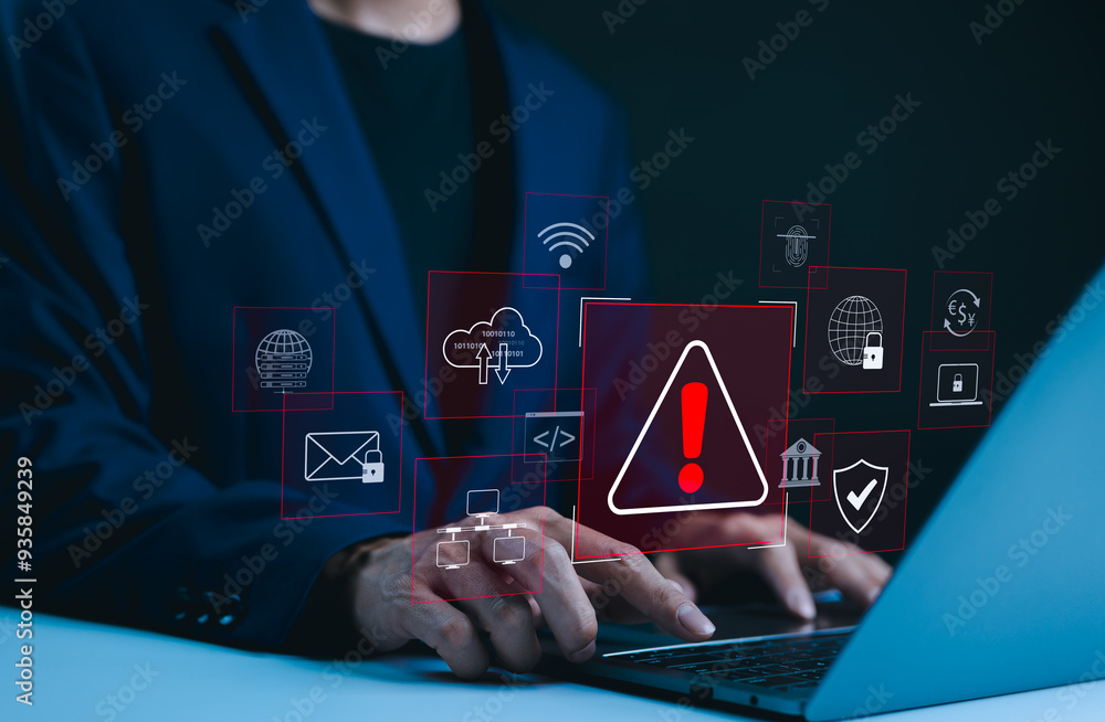 Poster cybersecurity warning alert system concept. businessman working on laptop. computer network hack, cr
