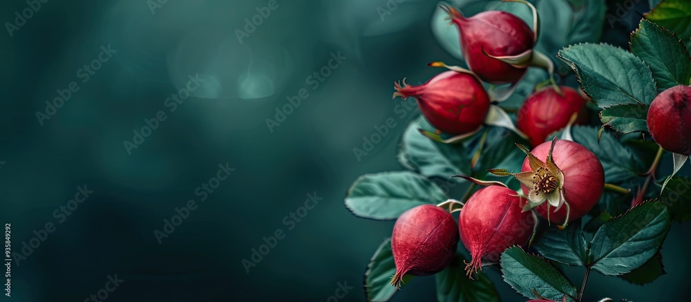 Wall mural During the autumn growth the plant rose rigurosa produces some small edible fruits. Copy space image. Place for adding text and design