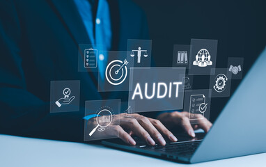 Business Audit and Compliance. Businessman conducts business audit using laptop with digital icons...