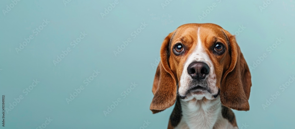 Poster studio portrait of a beagle set against a light blue background. copy space image. place for adding 