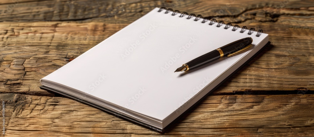 Poster blank notepad with a pen placed on a wooden table. copy space image. place for adding text and desig