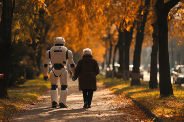 Elderly woman and a humanoid robot are enjoying a relaxing stroll together in a serene autumn park, symbolizing the potential of ai in elder care