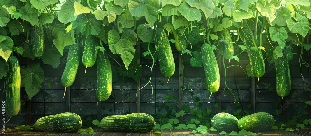 Poster cucumbers in the garden are supported by a trellis cucumbers growing in a village garden cucumber vi