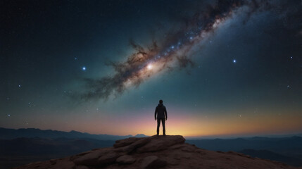 Fototapeta premium A man on the top of a mountain with galaxy on the sky