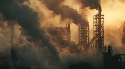 Obraz premium Industrial landscape with heavy smoke and pollution from factory chimneys, highlighting environmental issues and air quality concerns.