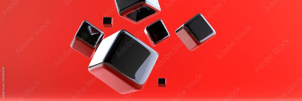 Poster abstract 3d cubes falling on red background - abstract 3d rendering of black cubes falling on a red 