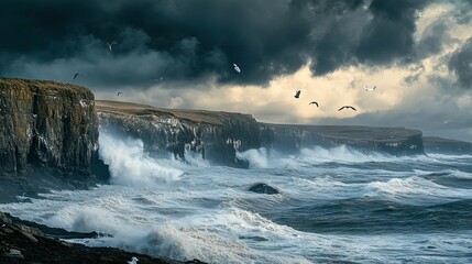 Obraz premium Rugged Rocky Coastline with Crashing Waves, Dark Storm Clouds Gathering, and Seagulls Flying Overhead. AI generated illustration