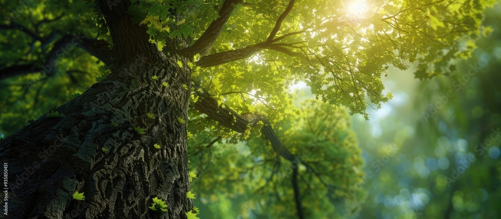 Aufkleber beneath a big tree with green foliage. copy space image. place for adding text and design