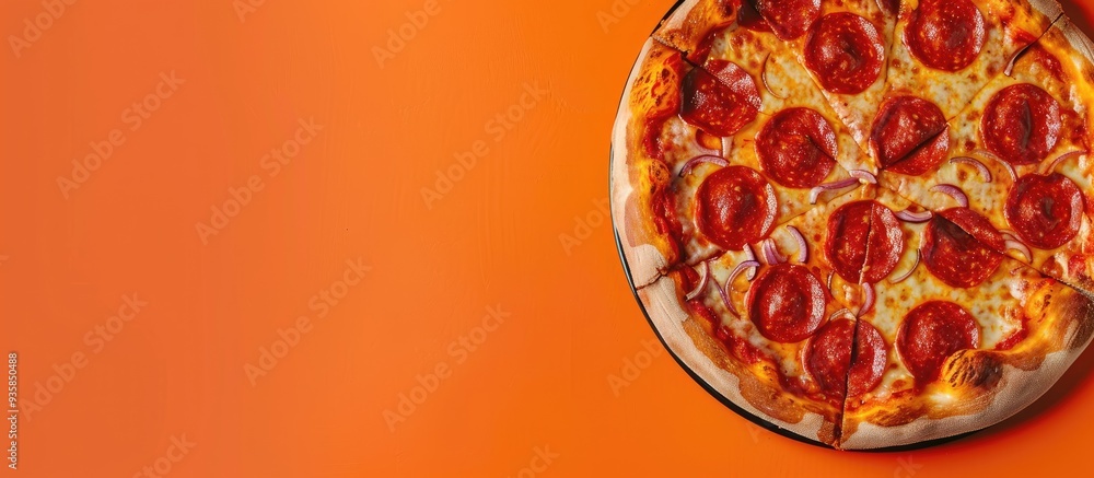 Aufkleber pepperoni pizza on an orange background viewed from above tasty homemade pizza from a top view. copy