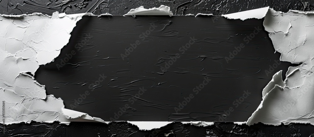 Poster white torn note notebook paper affixed with sticky tape on a black background. copy space image. pla