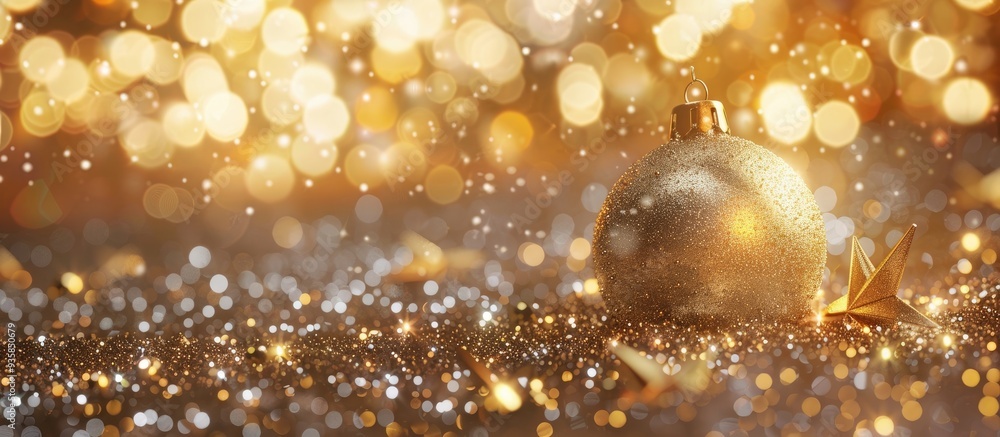 Poster christmas golden background featuring stars and a christmas ball selective focus. copy space image. 