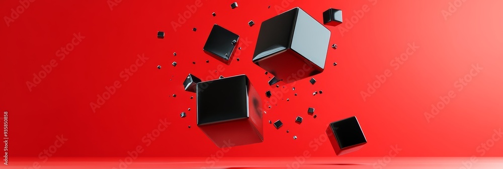 Poster abstract black cubes floating on red background - a collection of black cubes of different sizes flo
