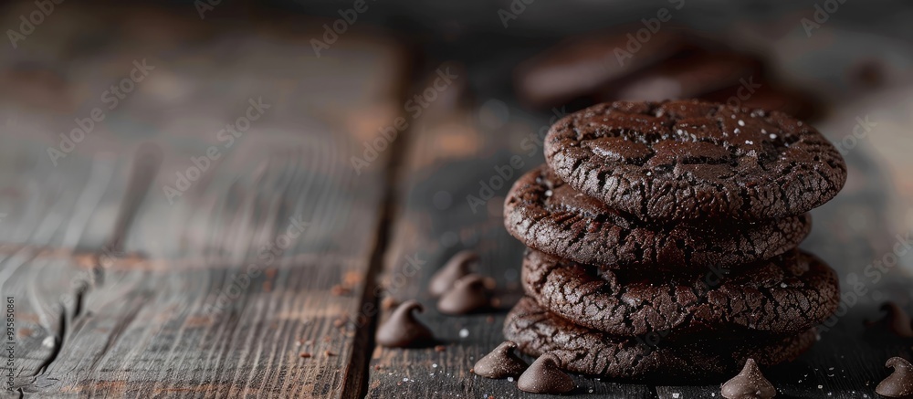 Poster dark food photography featuring chocolate cookies. copy space image. place for adding text and desig
