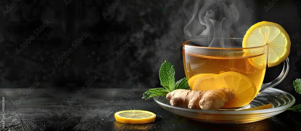 Canvas Prints A cup of sweet home tea infused with lemon and ginger. Copy space image. Place for adding text and design