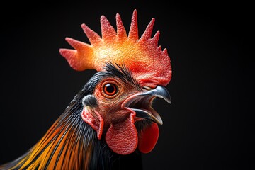 A powerful image of a fighting rooster mid-crow, with its beak open and feathers bristling, capturing the primal energy of the animal