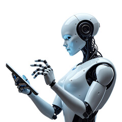 human robot typing on tab isolated on transparent background