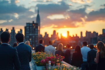 People gathering on rooftop evening party, sunset skyline, social event photograph