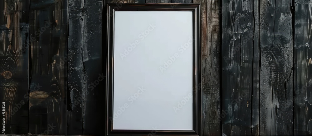 Aufkleber blank frame for a photo or text on a white sheet against a dark wooden background a simple wooden fr