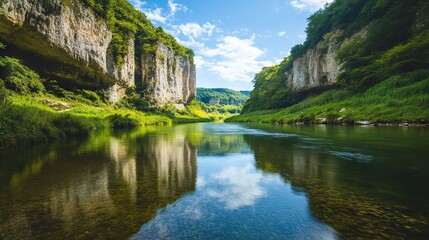 Fototapeta premium Clear River Meandering Through a Lush Green Valley with Majestic Cliffs and Reflections of a Deep Blue Sky. AI generated illustration