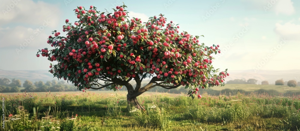Poster flowering apple tree. copy space image. place for adding text and design